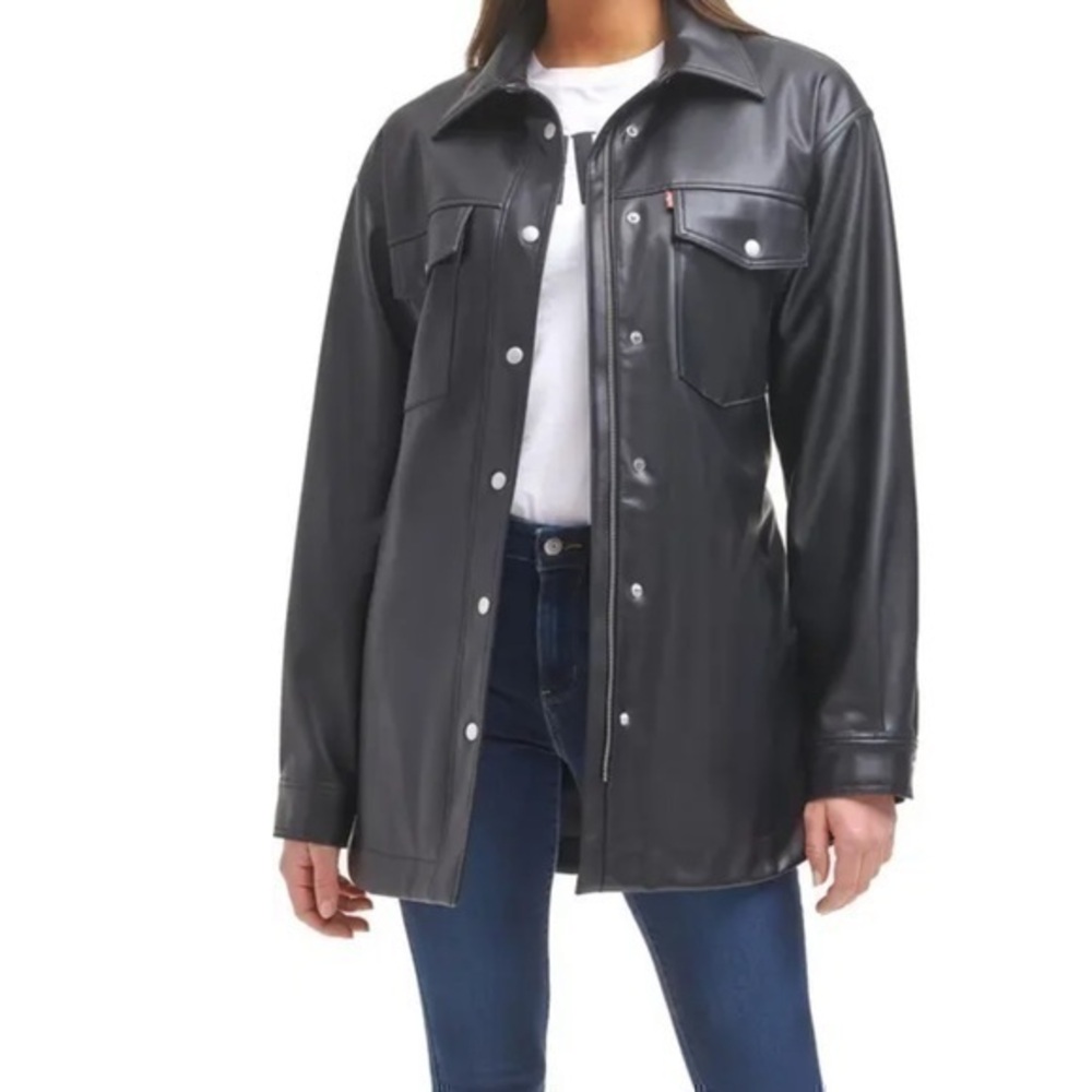 LEVI’S Black Faux Leather Belted Shirt Jacket